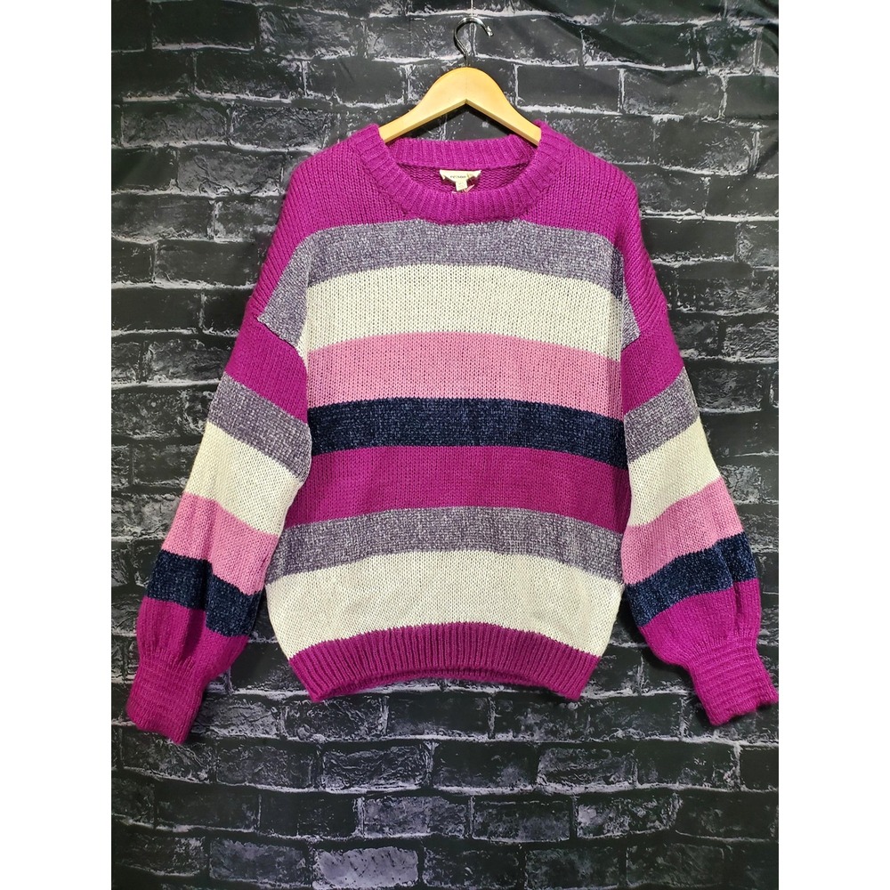 ee:some Colorblock Stripe Sweater Womens ML Purple Pink Chunky Knit Crewneck